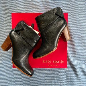 Kate Spade Lanice Boot, Cute Black Leather Heeled Ankle Bootie with Bow Accent